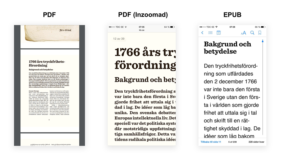 Example of printet text in PDF, zoomed PDF and EPUB. Screenshot