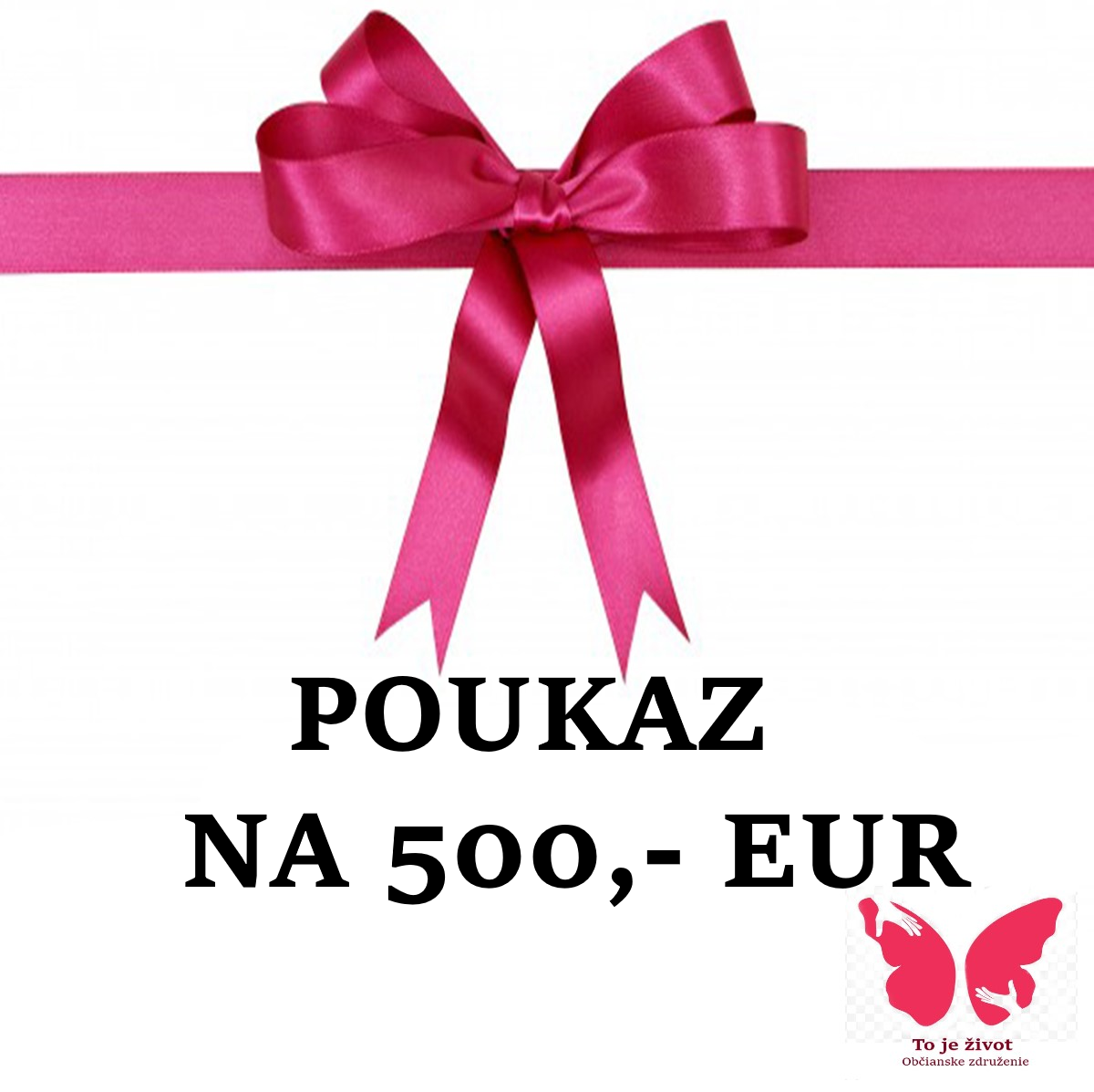 Obr. poukazu na 500 eur ozdobený veľkou ružovou mašľou.