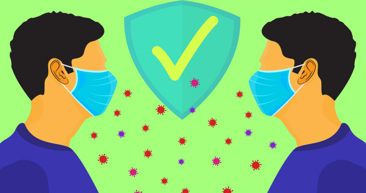 ilustrácia, dvaja muži oproti sebe, v rúškach, v strede naznačený symbol súhlasu, za dodržiavaný rozostup. Medzi nimi sú roztrúsené aj mikročastice vírusu, ale rúška a rozostup ich chránia