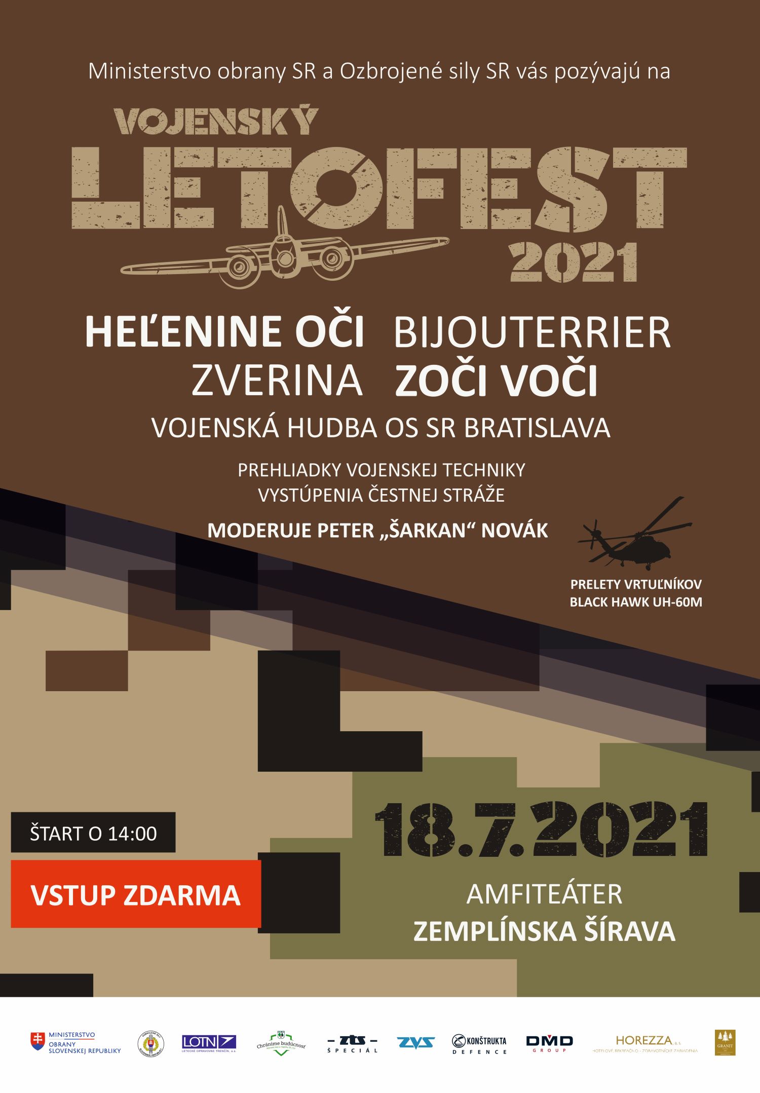 Plagát festifalu, v grafike je napísané, že vystúpia Heľenine oči, Zverina, Zoči voči, Vojenská hudba, dátum a miesto konania, moderátor P. "Šarkan" Novák