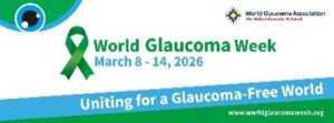 Ilustračný obrázok Sv. týždňa glaukómu. Obsahuje symbol oka, symbol zelenej stužky s textom World Glaucoma Week a tátum March 8 - 14, 2026Pod tým je modrá a zelená lišta s textom: Uniting for a Glaucoma-Free World (prekl. Spájame sa za svet bez glaukómu), www.worldglaukomaweek.ogr 